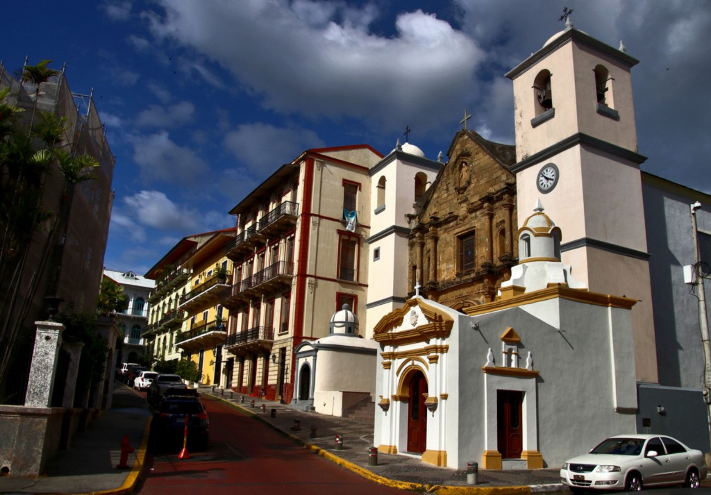 Restoration is a beautiful thing. Architecture In Panama Image: A street corner of Casco Viejo shows a mix of both architecture and colour; a blue sky and clouds rolling in are seen from above.