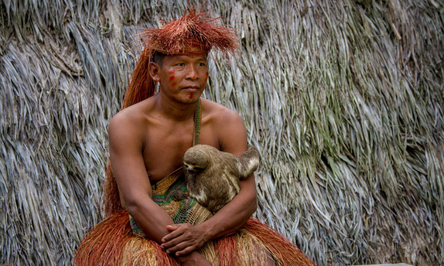Yes, that is a sloth he's holding—this is their home too. Peru Amazon Image: A Yagua man sits in traditional dress holding a sloth.