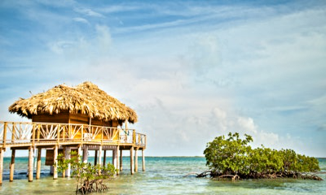 Thatch Caye lives up to its name—many of the island's structures have lovely thatched roofs. Belize Island Image: A thatched roof overwater bungalow is on stilts.