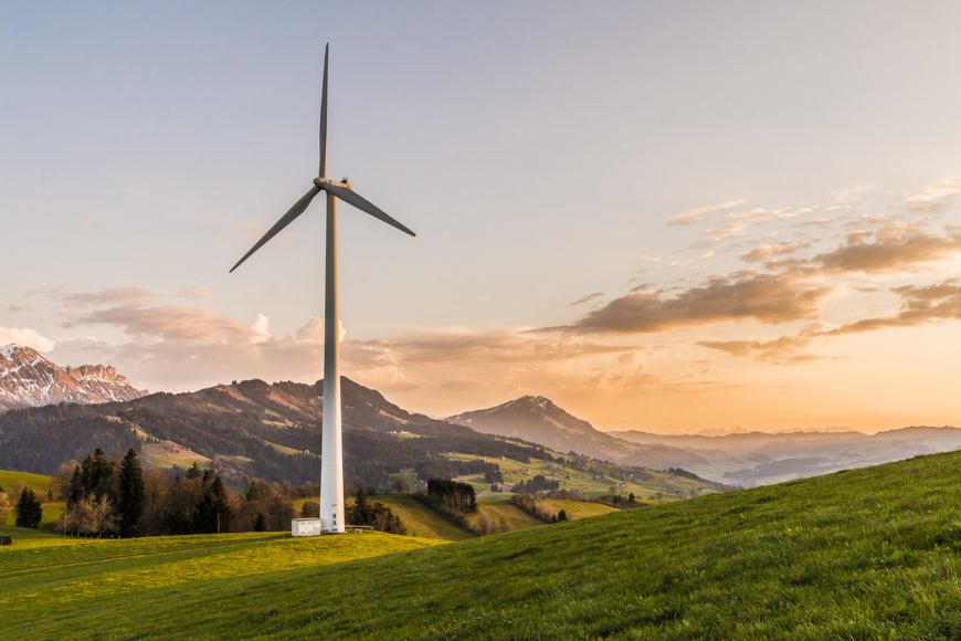 Environmentally friendly practices are not the end of sustainable tourism. Environmentally Sustainable Tourism Image: A wind turbine sits in the middle of a meadow; in the distance is a mountain.