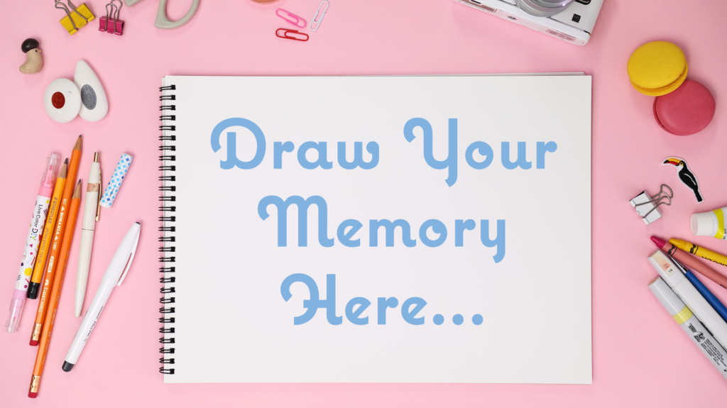 Encourage everyone to recored their memories however they see fit. Family Adventure Image: An open sketchbook sits on a pink background, surrounded by a camera, stickers, pencils and pens, drawing and painting supplies, stationery supplies, and two macarons.