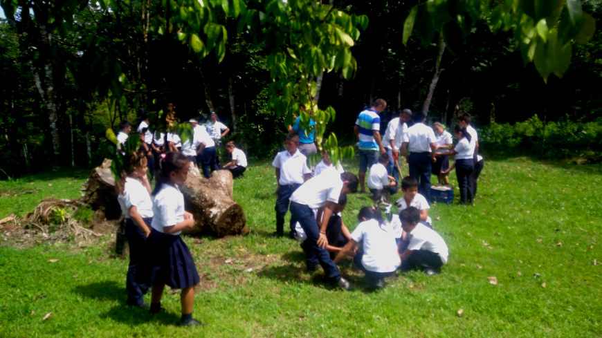 Costa Rica's next generation gets hands on experience in sustainability. Offset Travel Carbon Footprint Image: Groups of school children clad in their uniforms are standing in groups planting trees.