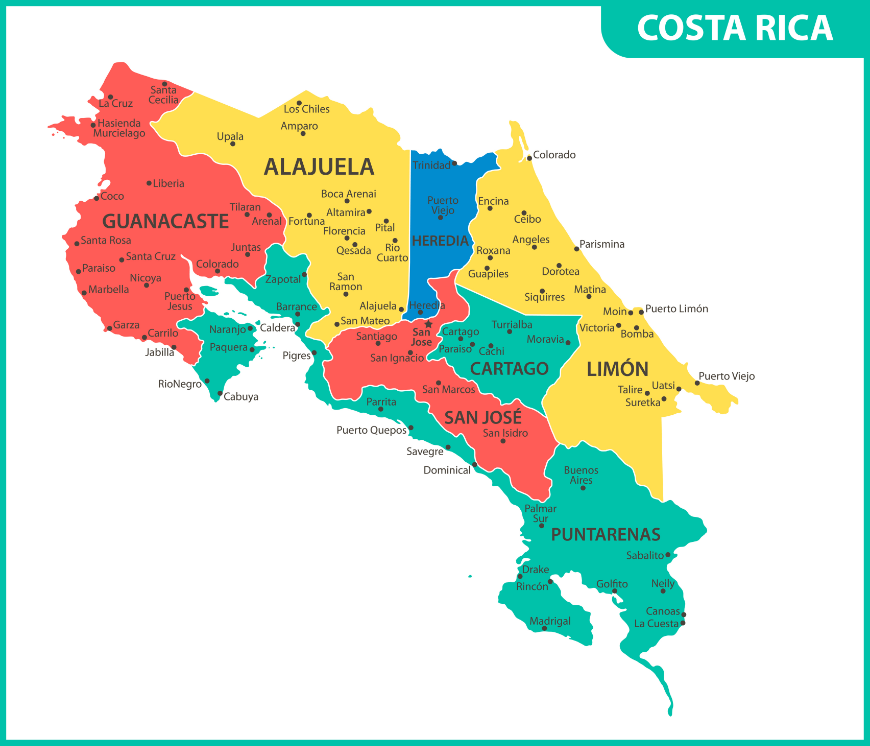 Map of Costa Rica's provinces and cities. Is It Safe to Travel in Costa Rica Image: Colorful map of Costa Rica provinces and cities.