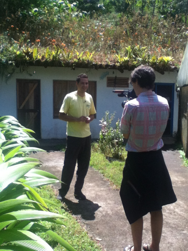 Sustainability Image: A person is being interviewed in the Costa Rican sunshine.
