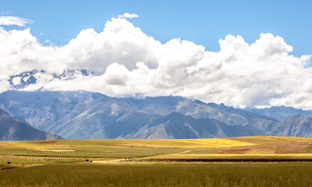 Something about this image is supremely calming... Unique Peru Image: An image of the Sacred Valley shows fields of green and gold, a mountain, and a flurry of clouds dividing the mountain from the azure sky.